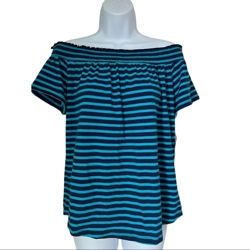 NWT Liz Claiborne Off Shoulder Stripe Top Blue Teal Boho Casual Stretch Blouse L